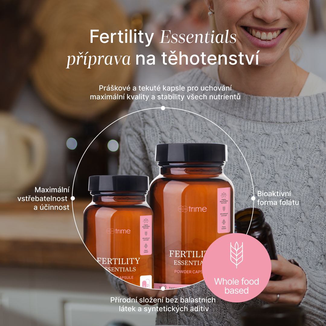 Balení Fertility Essentials multivitamínů pro podporu plodnosti a zdravý vývoj plodu bez syntetických látek.