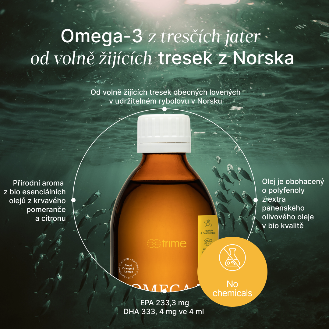 Prémiový omega-3 olej z tresčích jater s antioxidanty a citrusovou příchutí pro podporu mozku, zraku a srdce