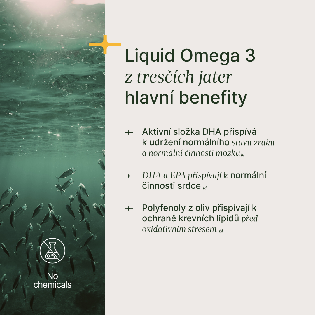 Prémiový omega-3 olej z tresčích jater s přírodní citrusovou příchutí a antioxidanty pro zdraví mozku, zraku a srdce