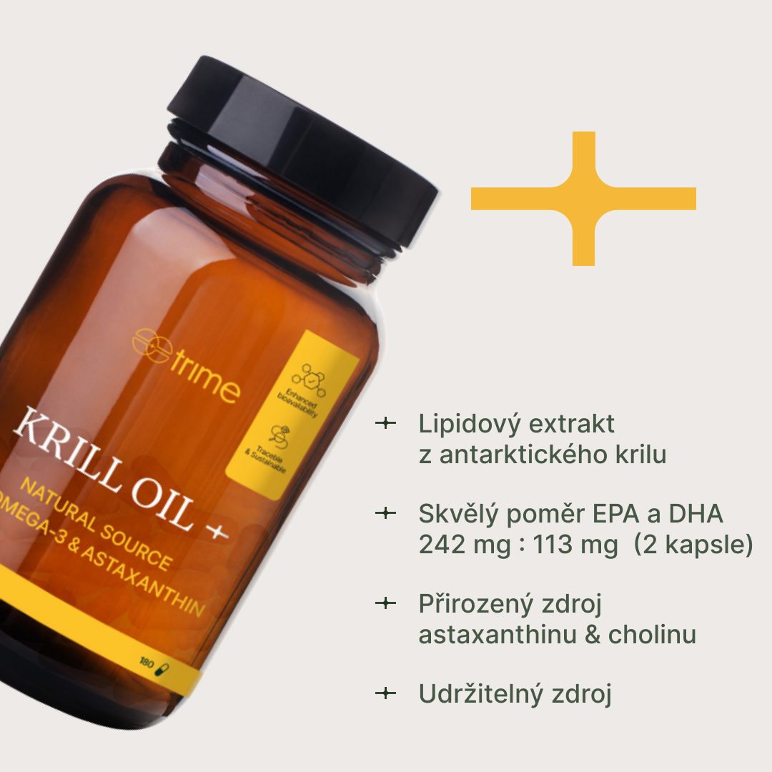 Krill Oil+ kapsle s omega-3 z antarktického krilu, bohaté na EPA, DHA, astaxanthin a cholin, udržitelný rybolov