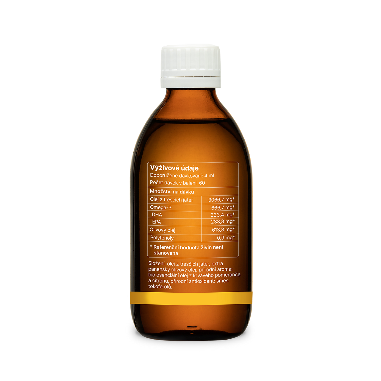 prémiový omega-3 olej z tresčích jater s citrusovou příchutí a polyfenoly z olivového oleje